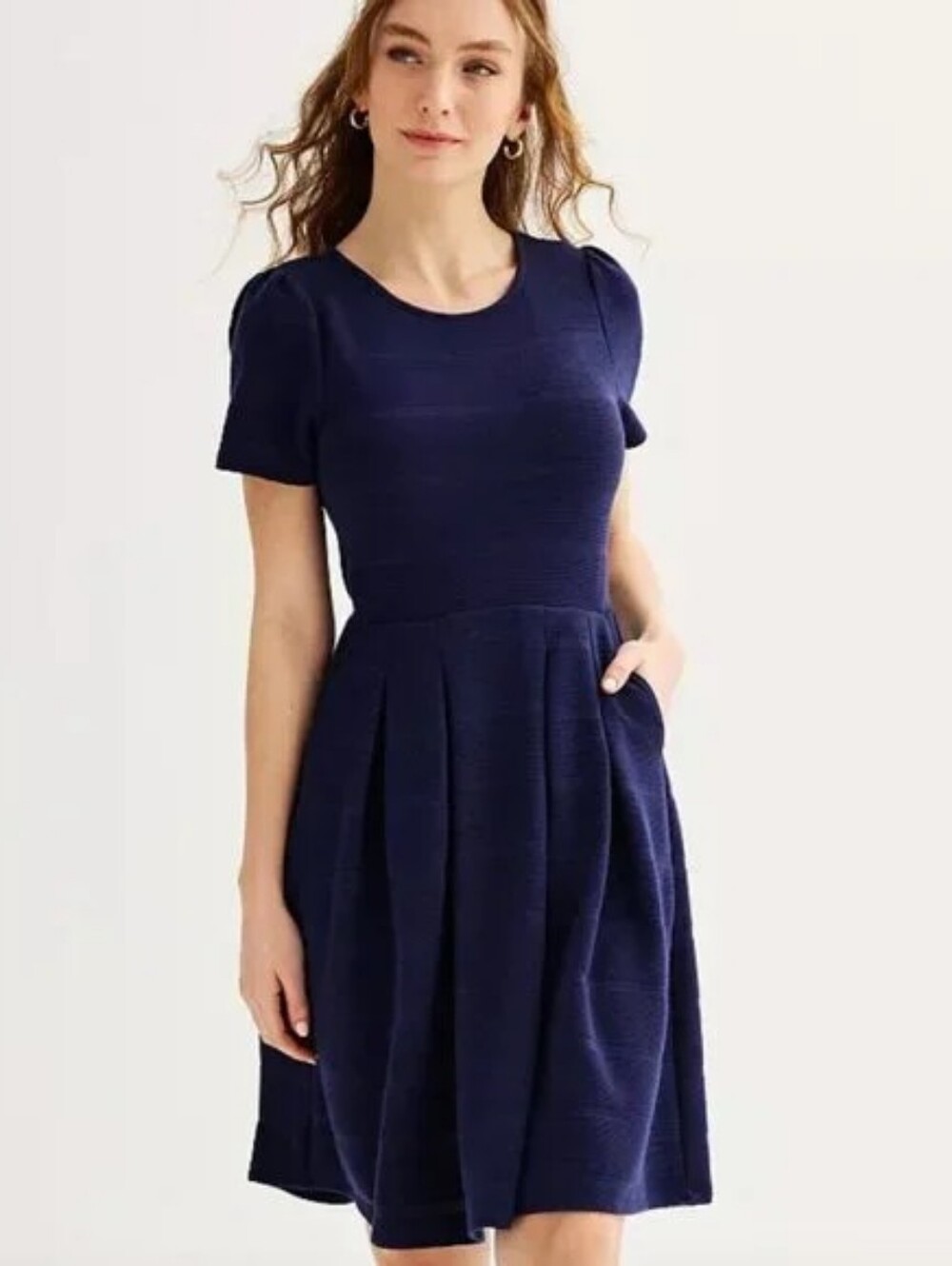 Draper James Navy Short-Sleeve Fit & Flare Midi Dress, Size L